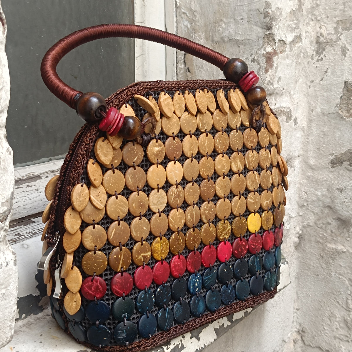 Coconut Shell Bag | Vintage 90s Boho Beaded Handbag | Natural Brown Red