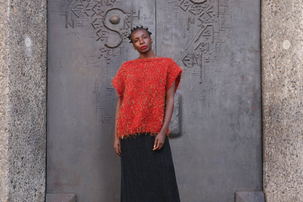 Knit Top - 90s Vintage Red Eyelash Vest - Sleeveless Sweater M