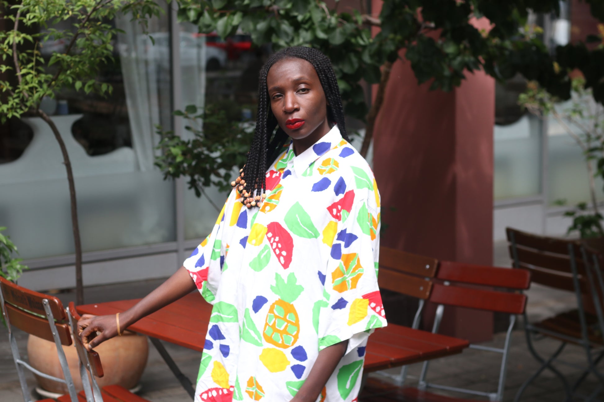 Vintage 1980s Abstract Fruit Print Button Up Shirt Oversized Pop Art Blouse L XL