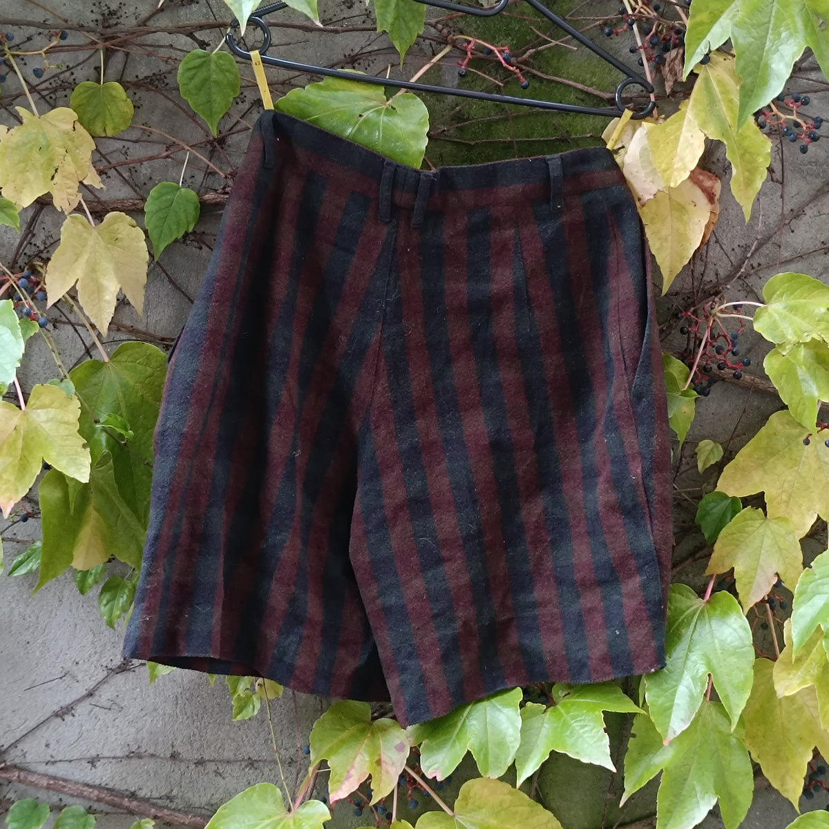 Wool Cashmere Shorts | Vintage 90s Striped Pleated Bermudas | Burgundy Dark Grey XS to S