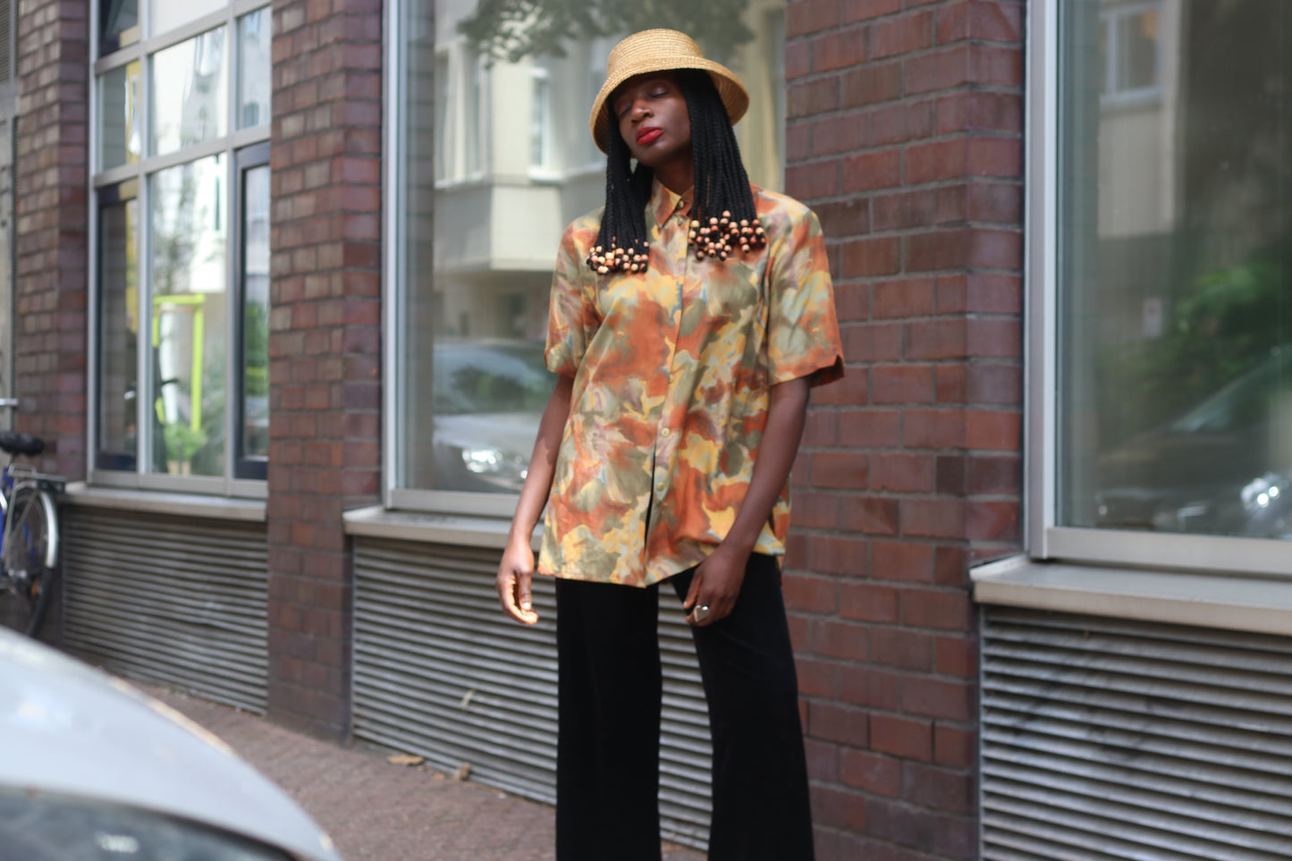Vintage 1980s Silk Blouse Abstract Earthy Camo Print Short Sleeve Button Up Shirt