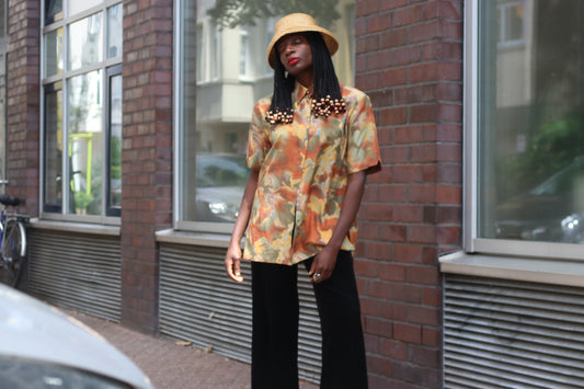 Vintage 1980s Silk Blouse Abstract Earthy Camo Print Short Sleeve Button Up Shirt