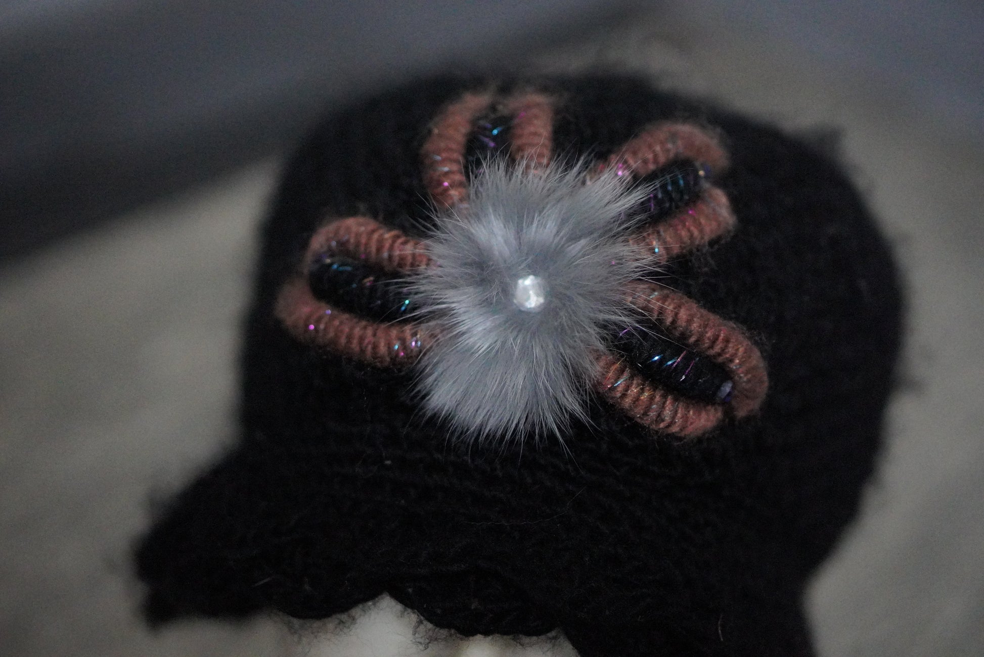 Cloche Hat 1920s Style Black Knit - Floral Fuzzy Accent Winter Hat