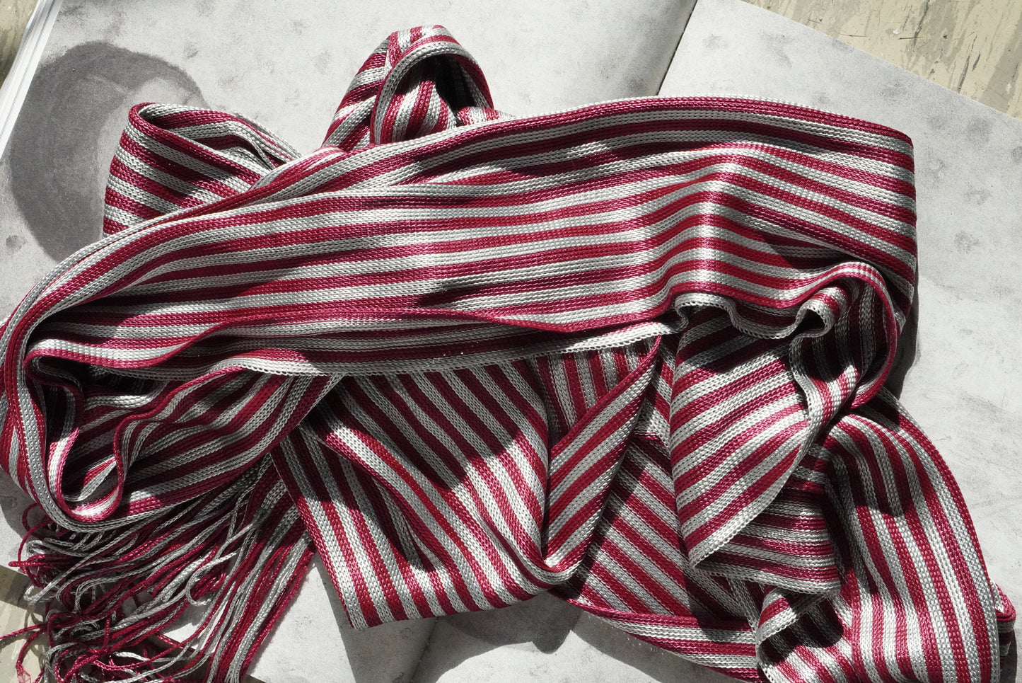 Vintage Burgundy Silver Striped Scarf Fringe Woven Retro Unisex Wrap Shawl