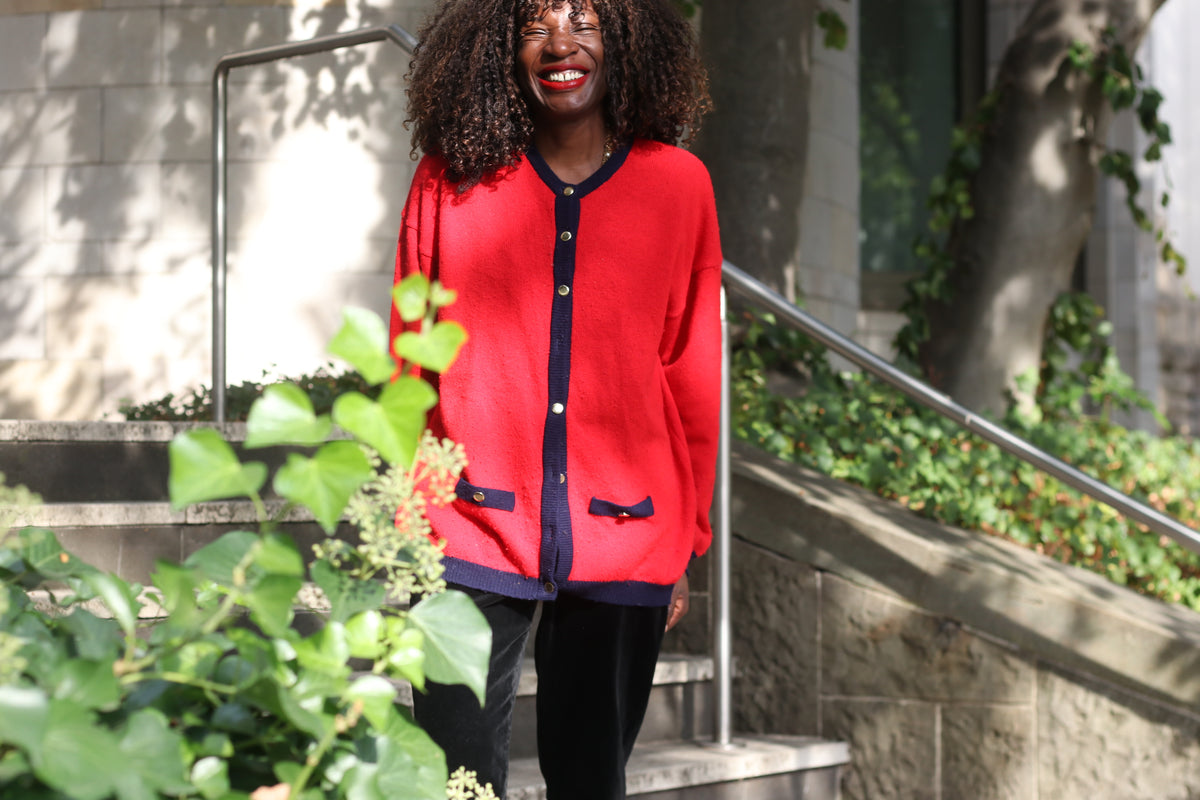 Wool Cardigan Vintage 80s Red Navy | Mackinnon Scotland Knit Sweater | L