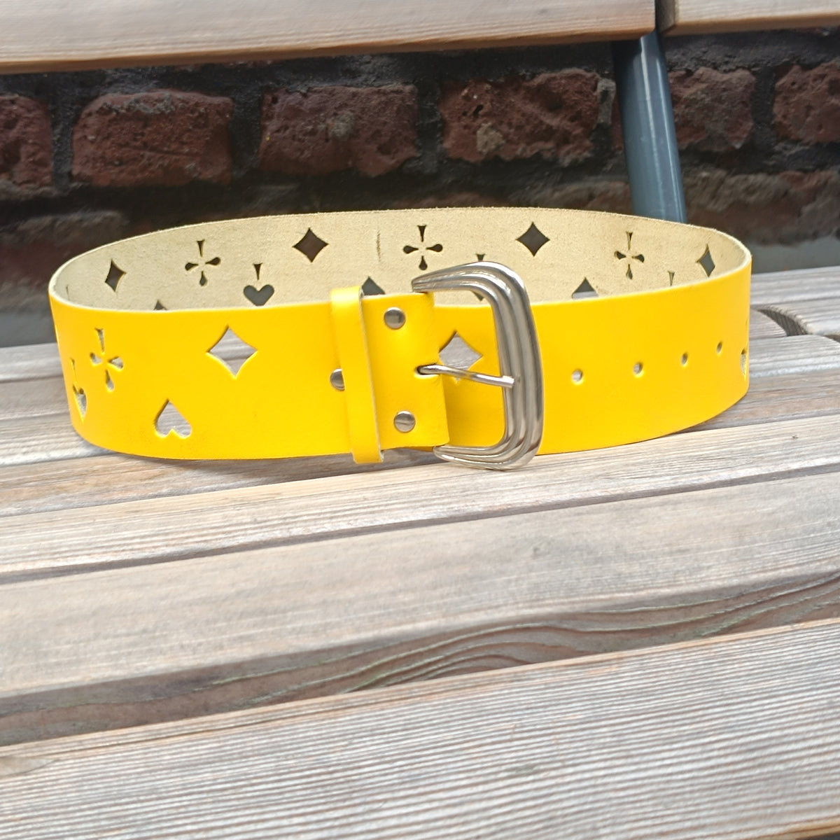 Vintage 90s Yellow Leather Belt - Playing Card Suit Cutouts