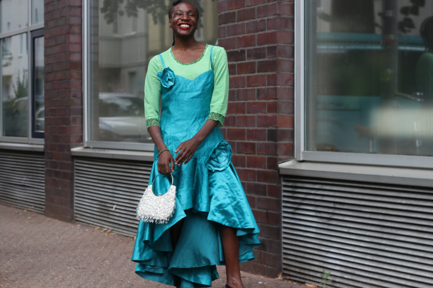 Vintage Y2K Teal Blue Rosette High Low Midi Dress - Party Gown M to L