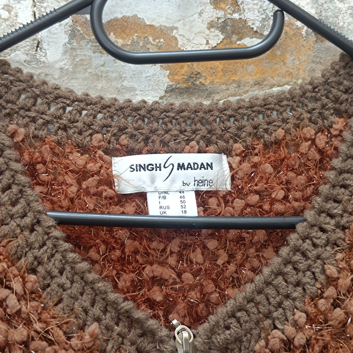 Vintage Brown Fuzzy Knit Cardigan | Y2K Crochet Trim Zipper Sweater XL