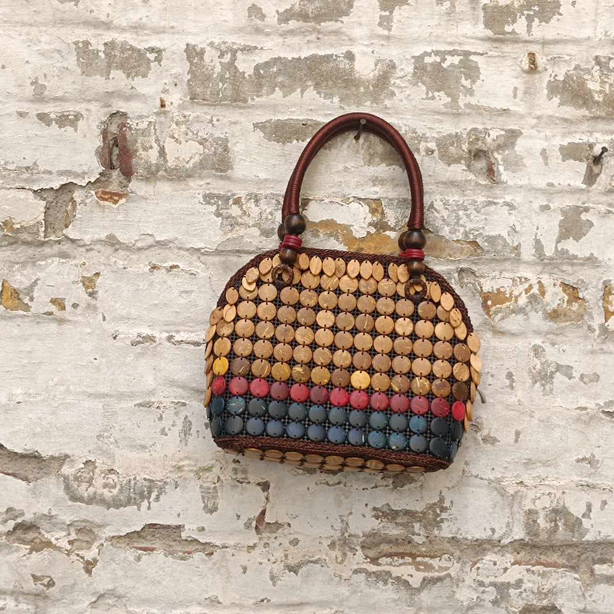 Coconut Shell Bag | Vintage 90s Boho Beaded Handbag | Natural Brown Red