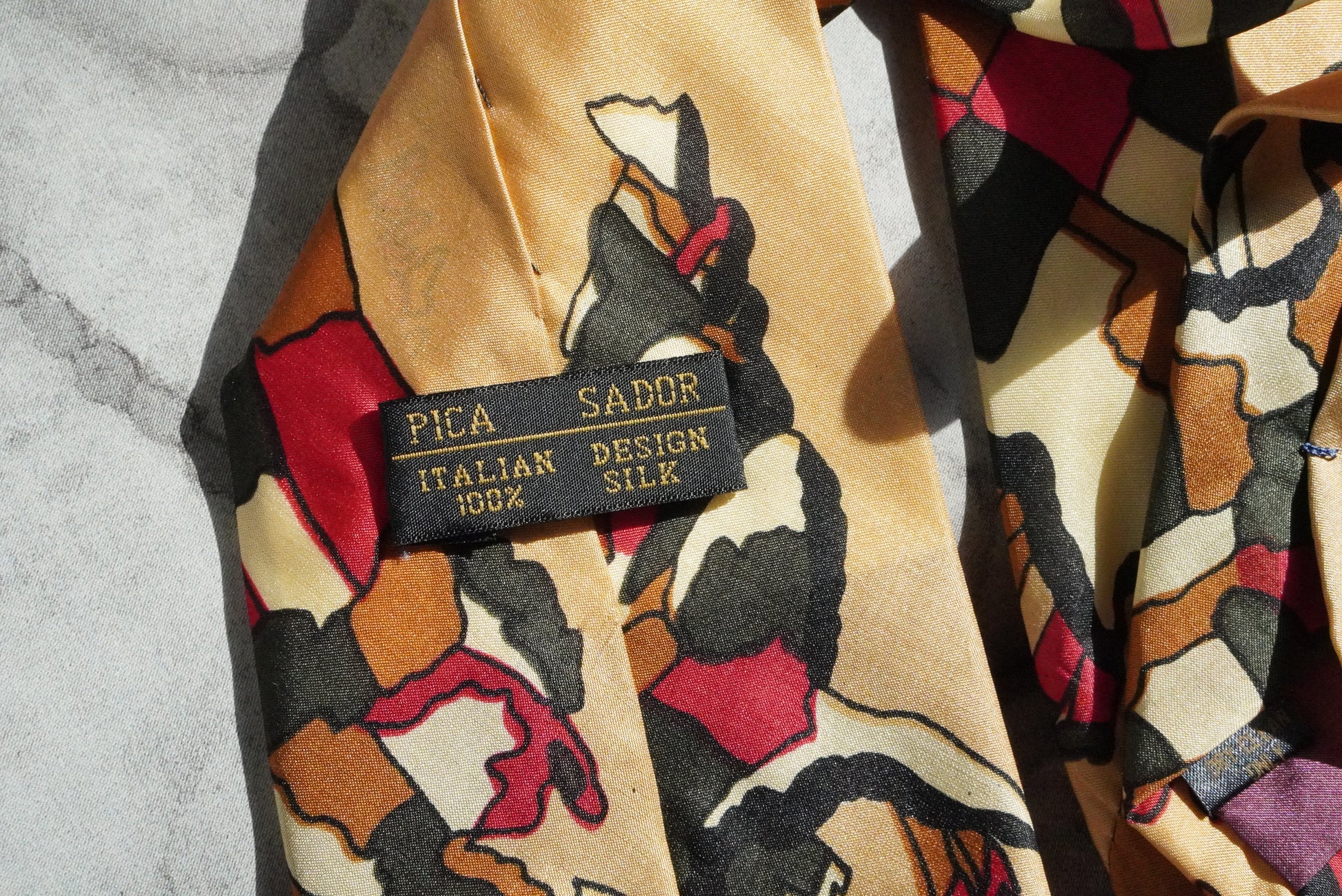 Vintage Pica Sador Silk Tie Italian Designer Abstract Geometric Ochre Necktie