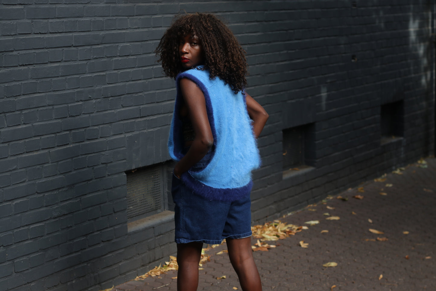 Knit Vest 80s Vintage Blue Mohair Sleeveless Sweater Top | S/M