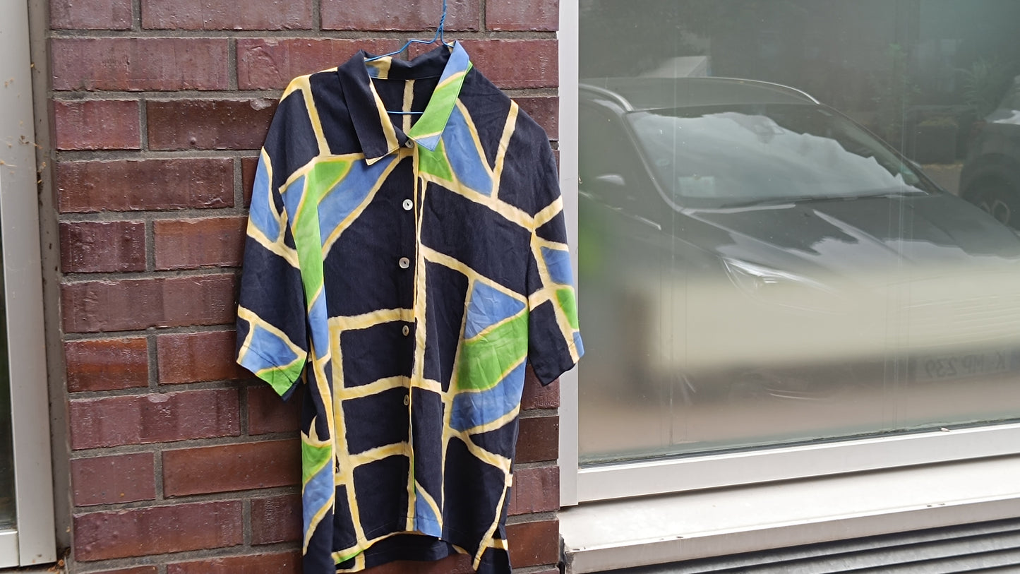 Vintage 90s Abstract Geometric Short Sleeve Blouse Rayon Festival Graphic Shirt