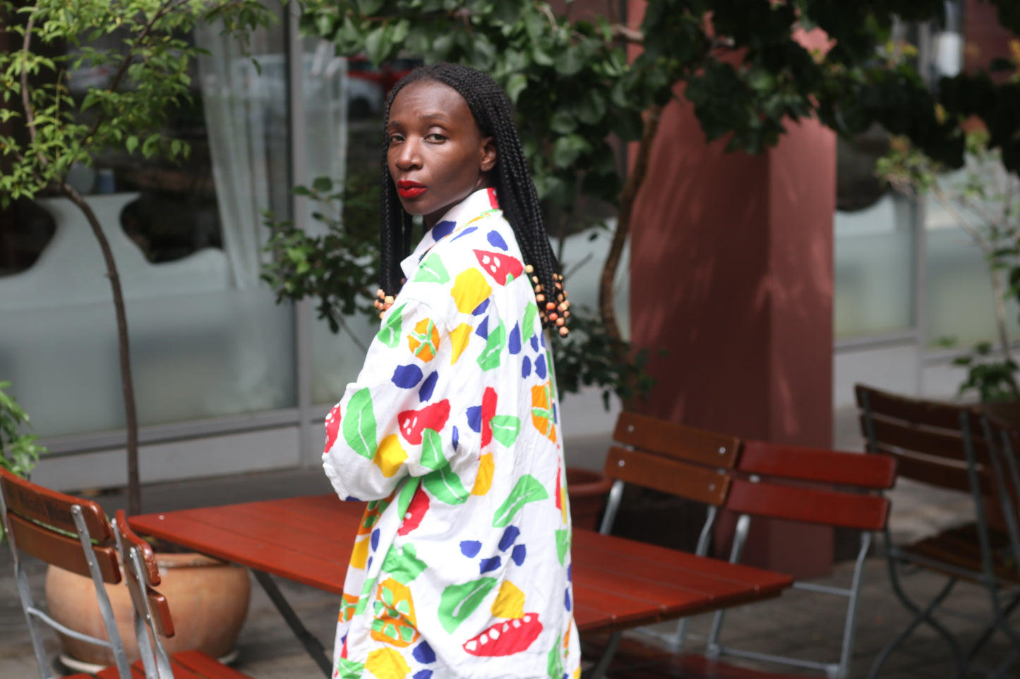 Vintage 1980s Abstract Fruit Print Button Up Shirt Oversized Pop Art Blouse L XL