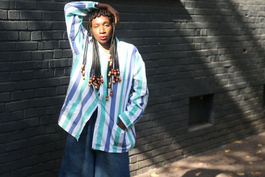 Striped Cotton Shirt Jacket - 80s Vintage Oversized Overshirt | L