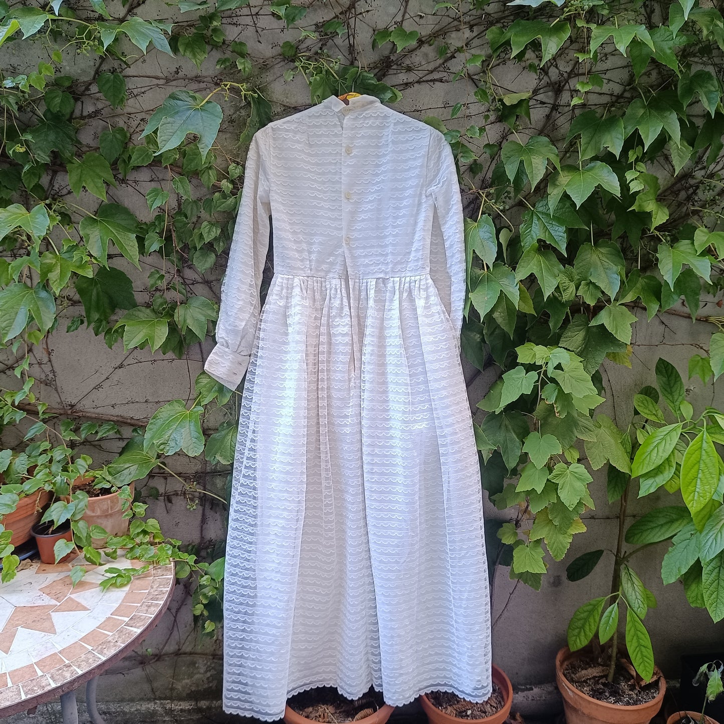 Vintage 70s White Lace Maxi Dress, Small, High Collar, Tiered Scallop Lace
