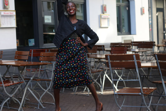 Vintage Polka Dot Midi Skirt | 80s Black Colorful Print | Fits L XL