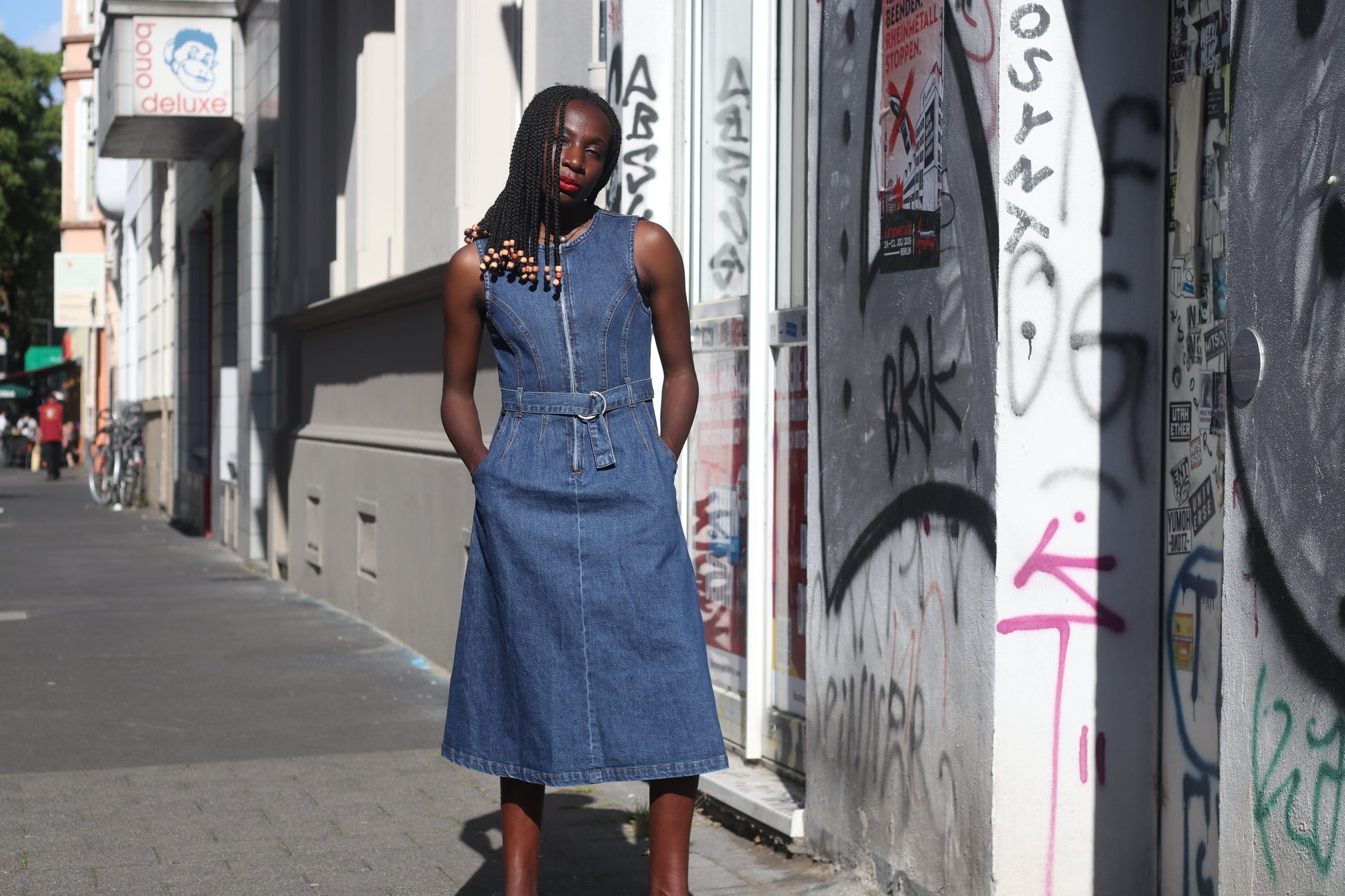 Zign Studio Organic Denim Midi Dress - Sleeveless Belted Jean Dress Blue S