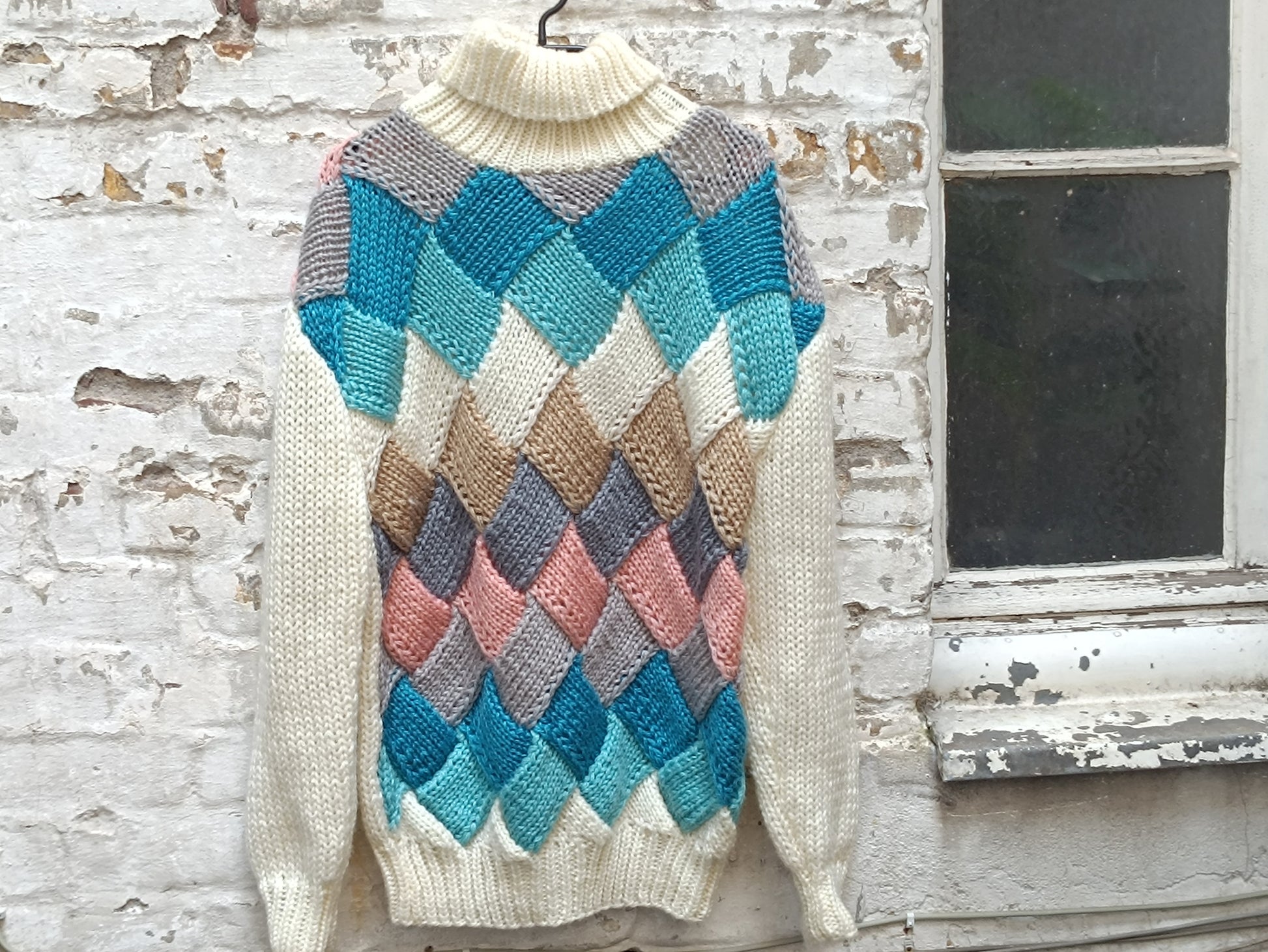 Vintage 80s Geometric Knit Turtleneck Sweater - Oversized Chunky Jumper