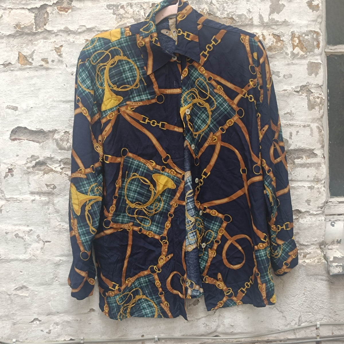 90s equestrian print button down shirt, resort style navy blue blouse, size M