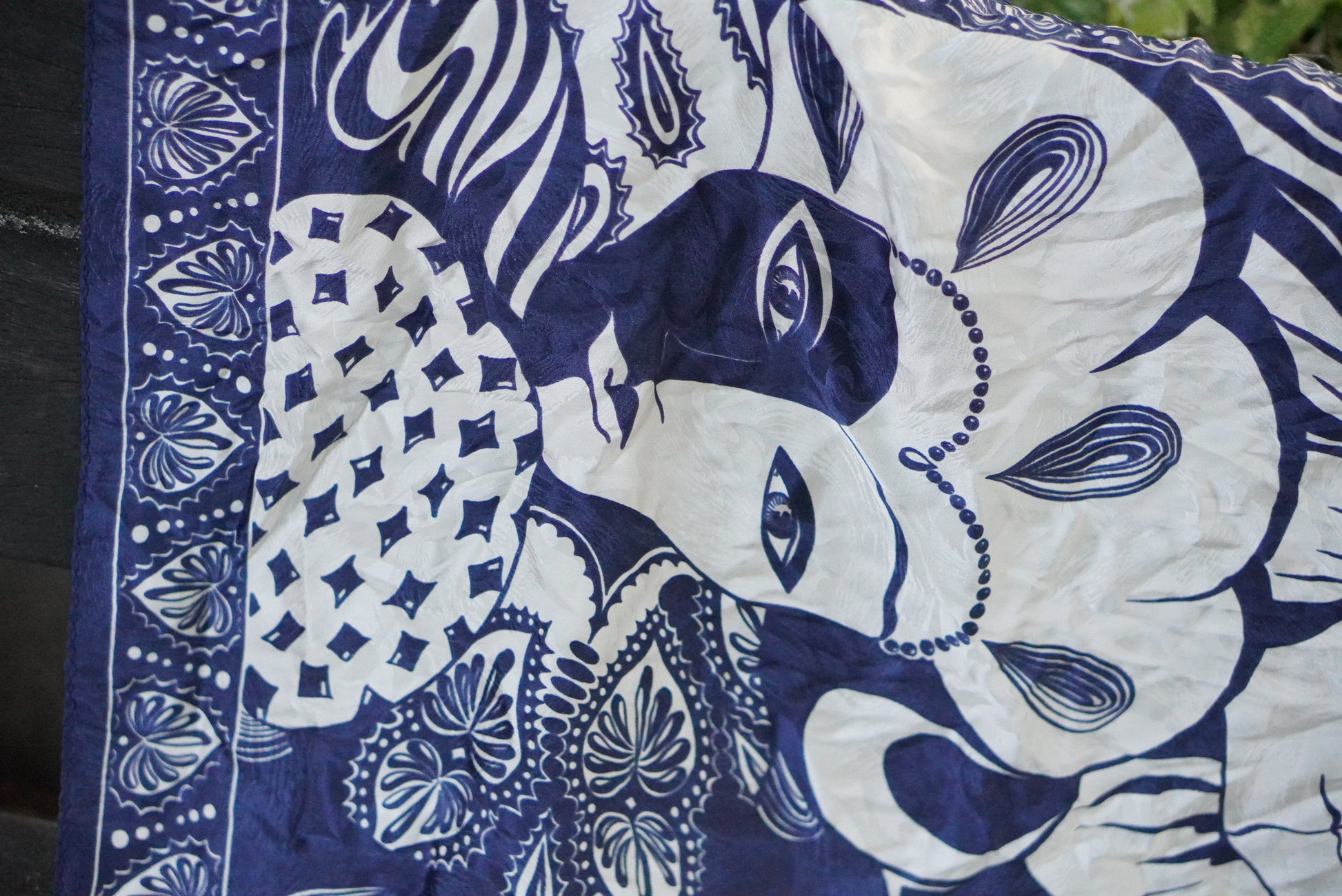 Vintage 1980s Silk Scarf Venetian Masquerade Navy Blue Jacquard Harlequin Border