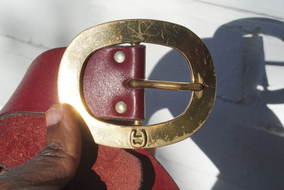 Vintage Leather Belt 70s Red Oval Buckle | Retro Statement Belt M