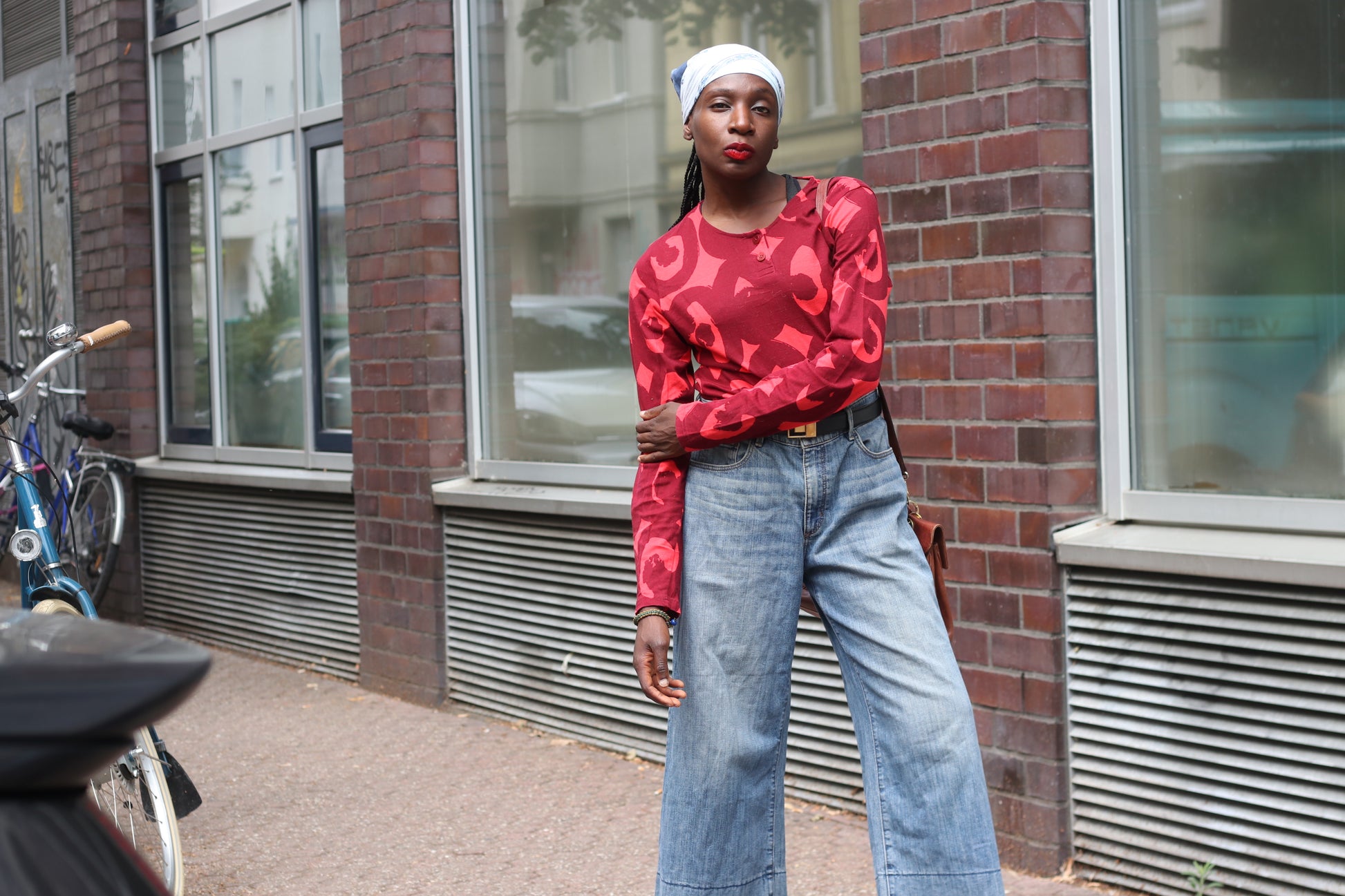 Marimekko Vintage Red Graphic Top - Y2K Long Sleeve Cotton Shirt