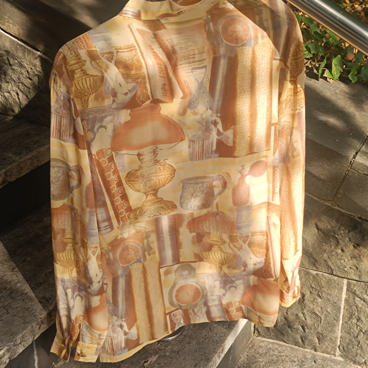 Vintage Silk Blend Blouse | 90s Sepia Antique Print Gold Shirt S/M