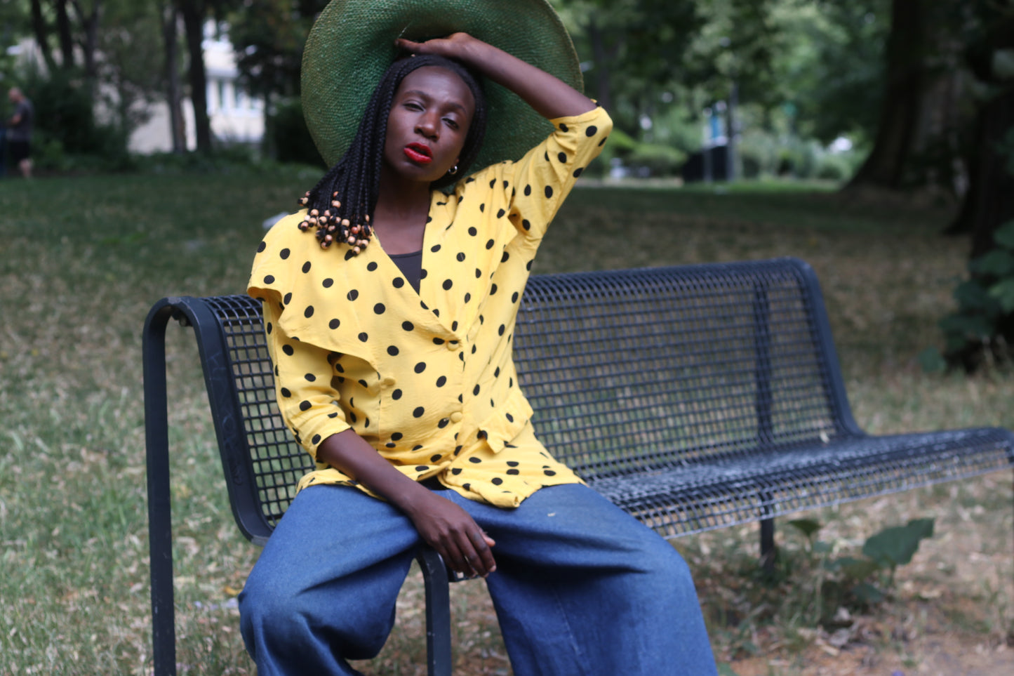 Vintage 1980s Polka Dot Blouse Yellow Black Statement Collar Avant Garde Shirt