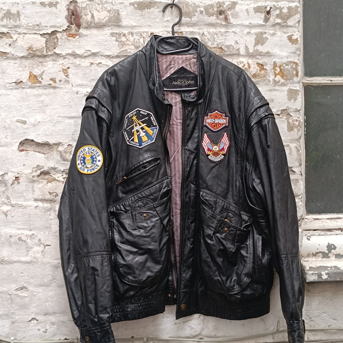 Vintage Leather Bomber Jacket - 90s Black Patch Flight Coat | L/XL