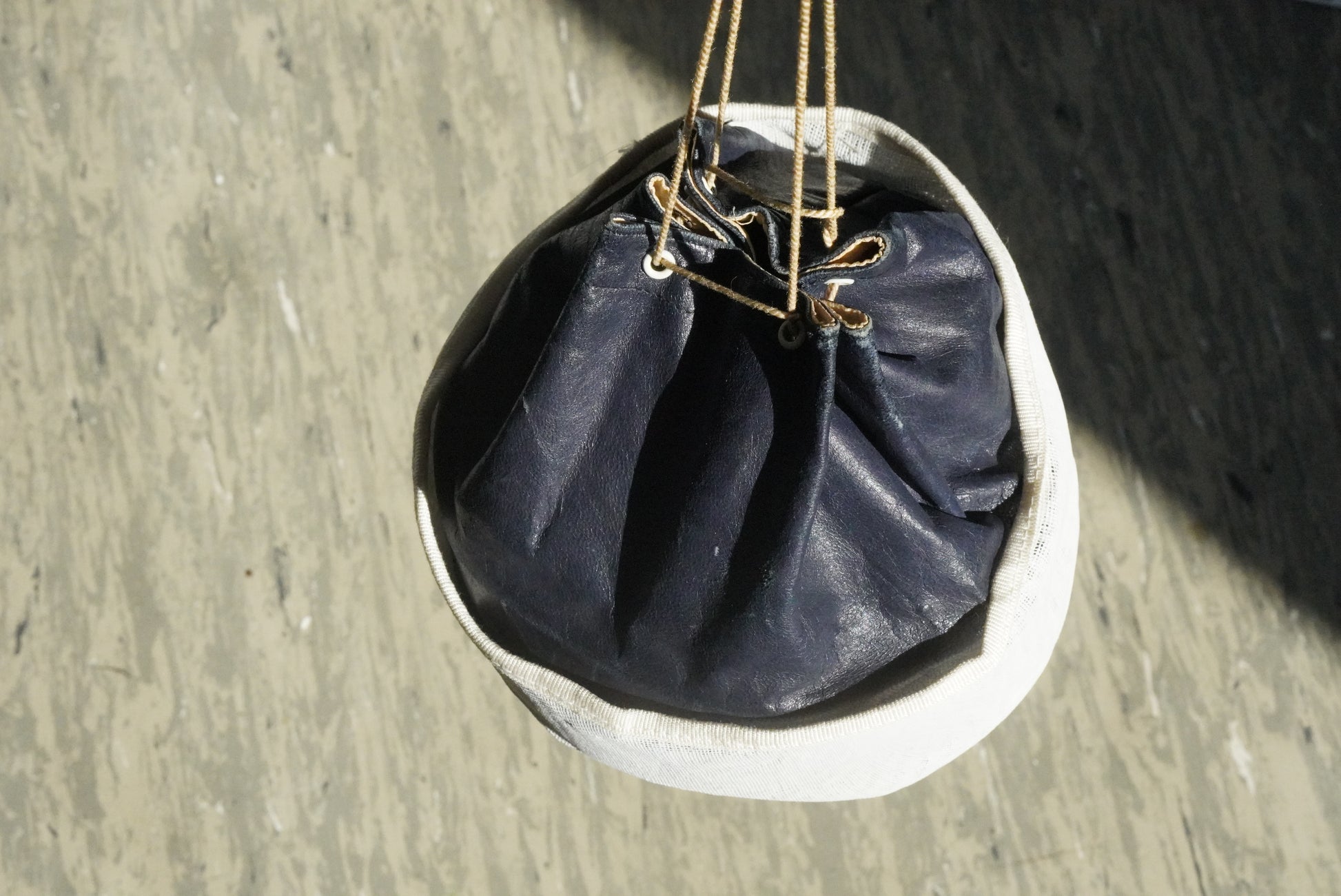 Vintage 70s Navy Leather Bucket Bag | Canvas Base Drawstring Pouch