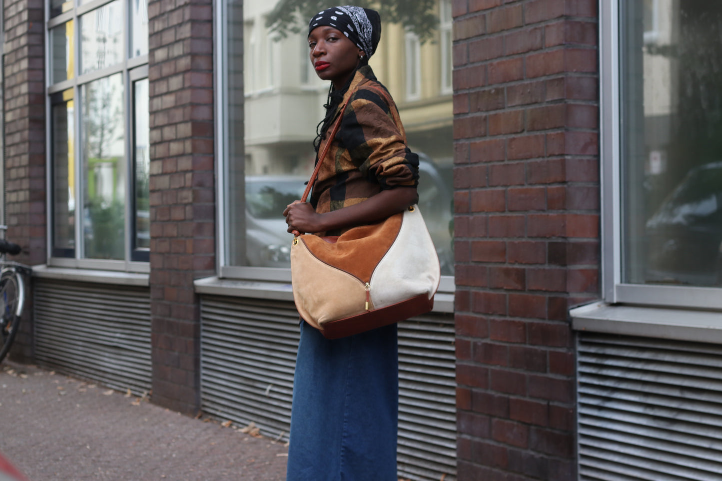 Suede Shoulder Bag - Vintage 80s Patchwork Tote - Brown Cream | Medium