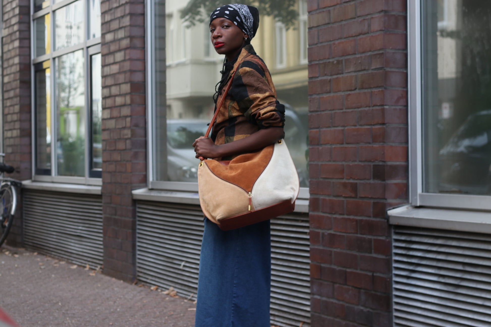 Suede Shoulder Bag - Vintage 80s Patchwork Tote - Brown Cream | Medium