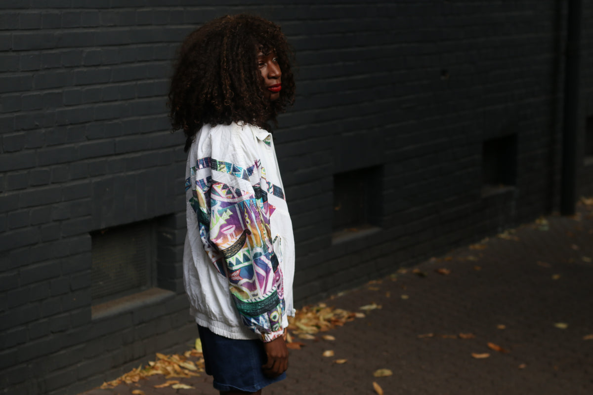 80s Vintage Track Jacket - Abstract Pattern White Windbreaker | M/L
