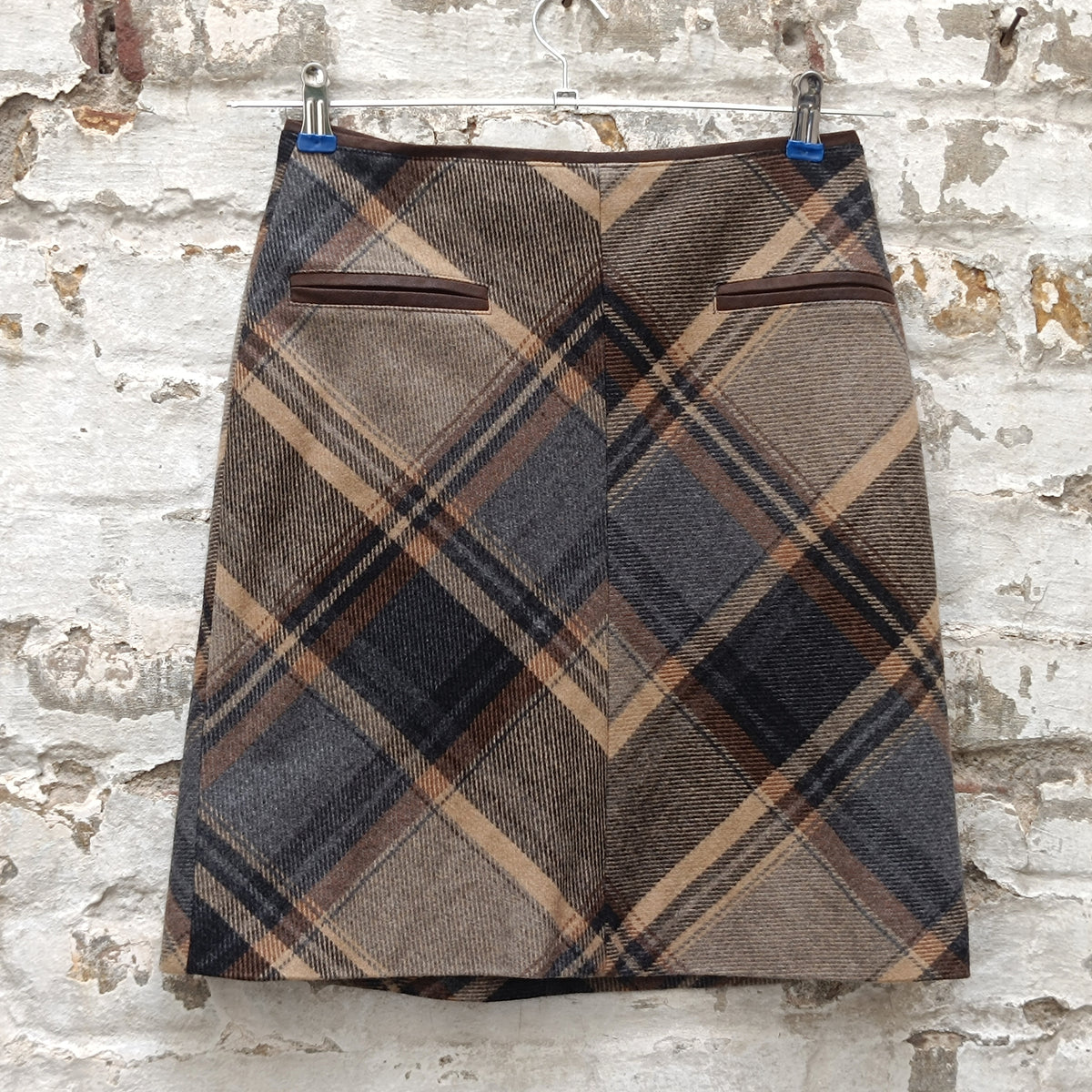 Plaid Wool Mini Skirt | Vintage 90s Brown Tartan A-Line | Size S