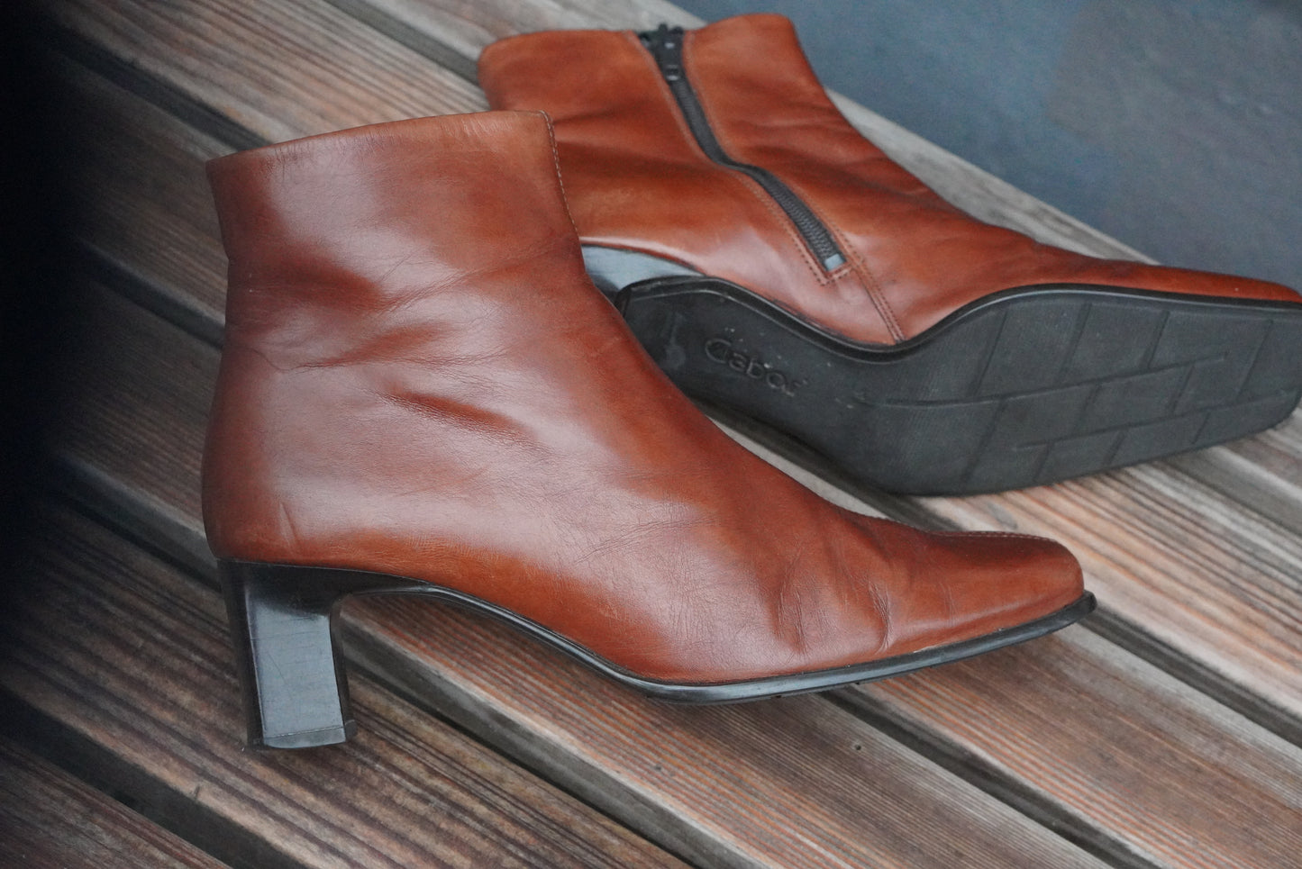 Vintage 90s Gabor Cognac Brown Leather Ankle Boots | Square Toe EU 38