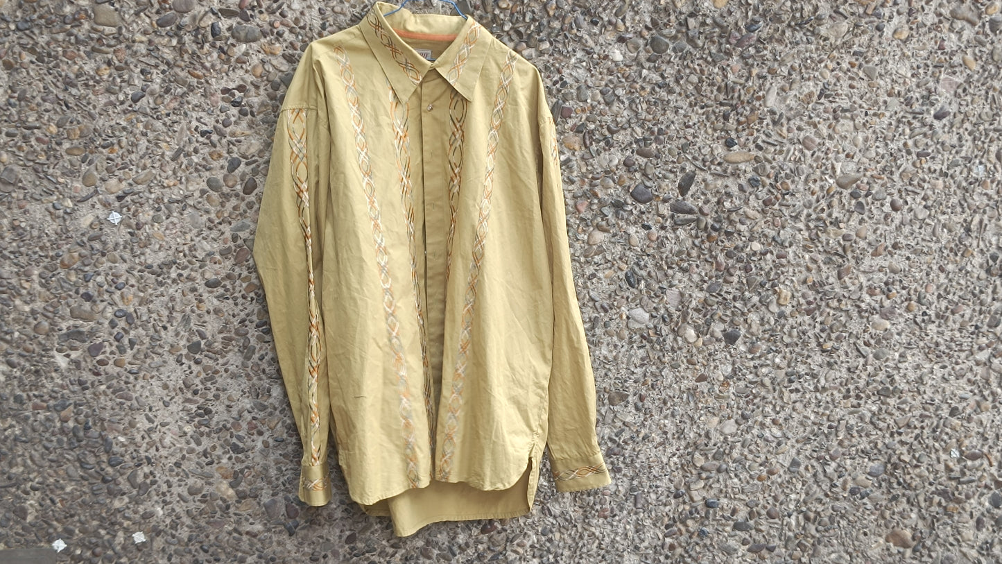 Vintage Road Cotton Embroidered Shirt - 90s Mustard Guayabera - M- XL Unisex