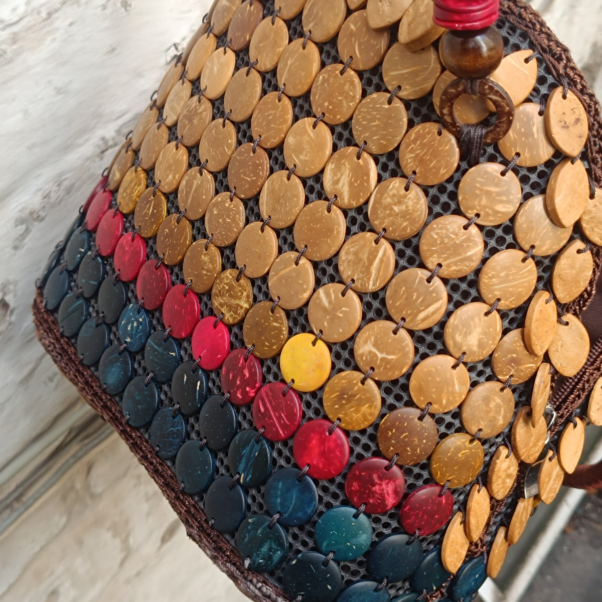Coconut Shell Bag | Vintage 90s Boho Beaded Handbag | Natural Brown Red