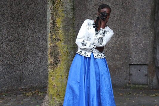 Vintage Blue Silk Maxi Skirt | 80s High Waist Pleated Party Skirt XS