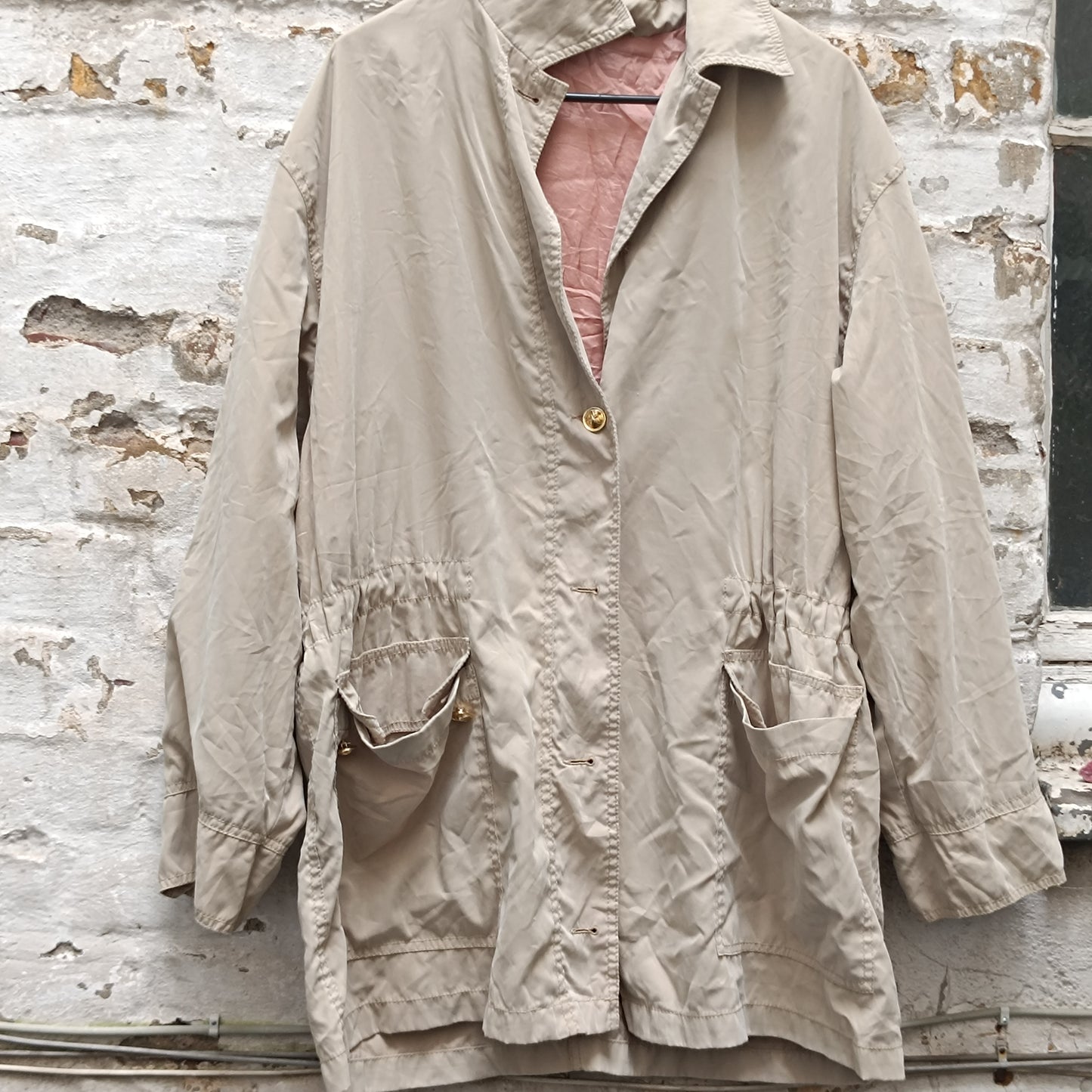 Krizia Vintage 80s Beige Trench Coat Drawstring Lightweight Parka Jacket