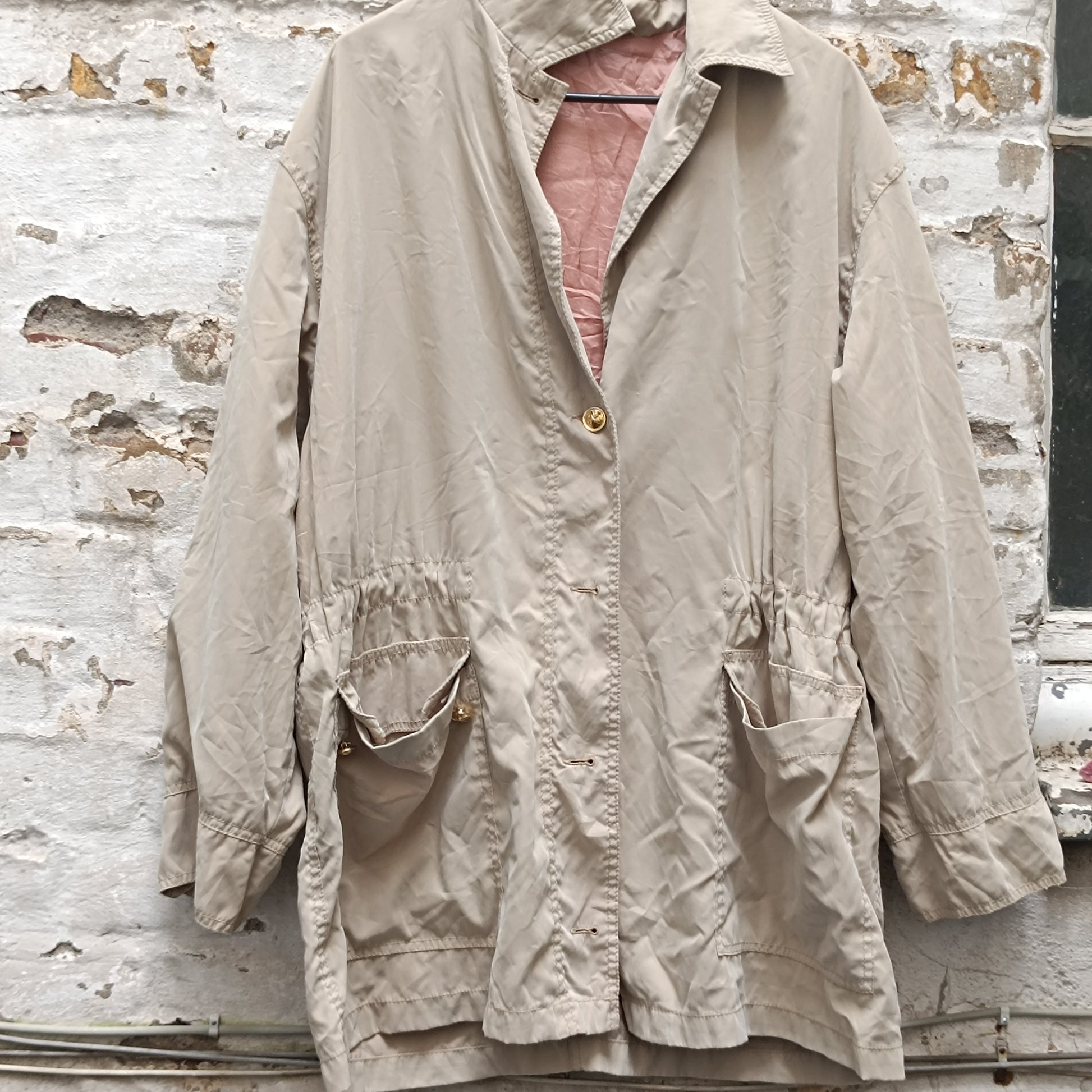 Krizia Vintage 80s Beige Trench Coat Drawstring Lightweight Parka Jacket