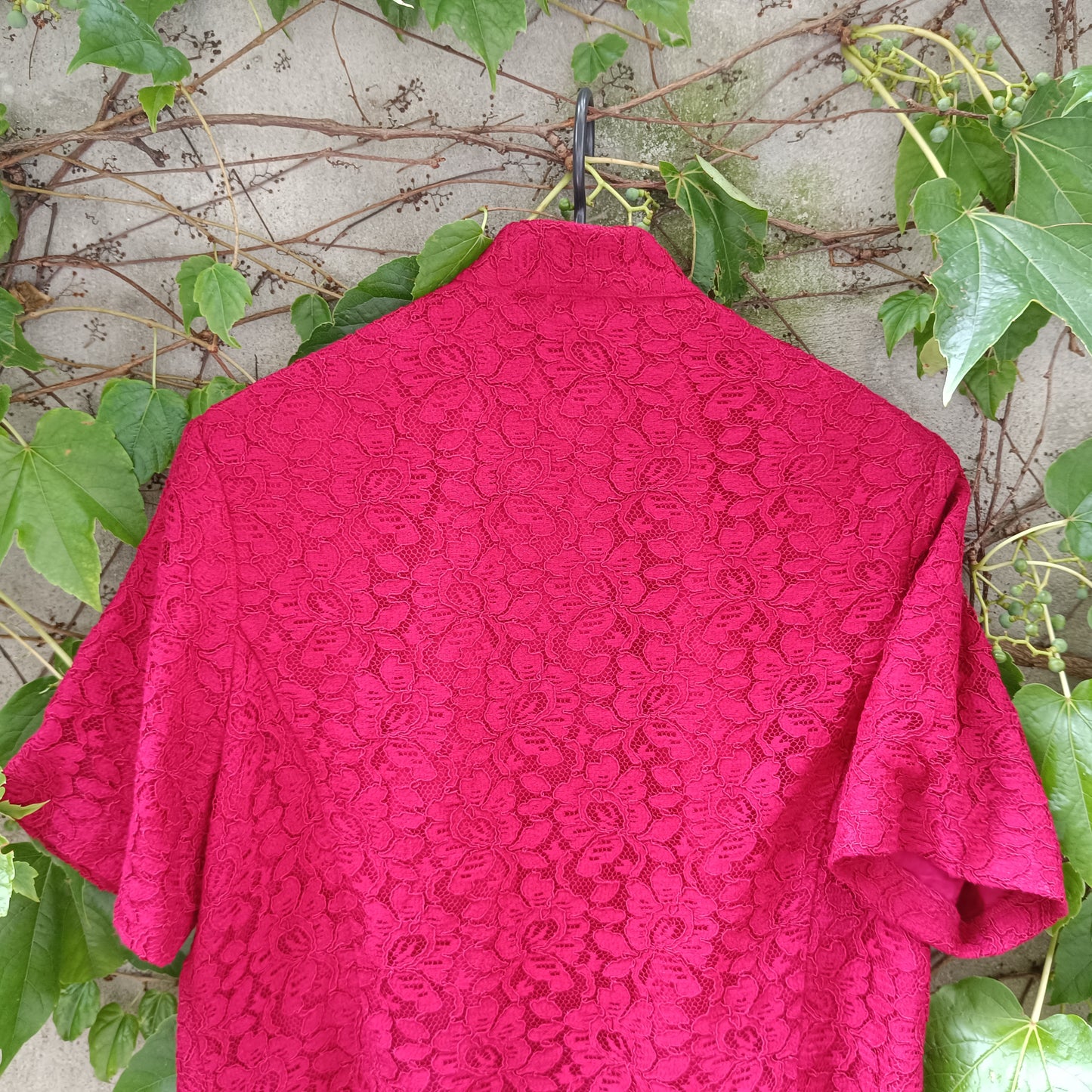 Red Lace Blouse Vintage 90s Mandarin Collar Shirt Short Sleeve | Fits S/M