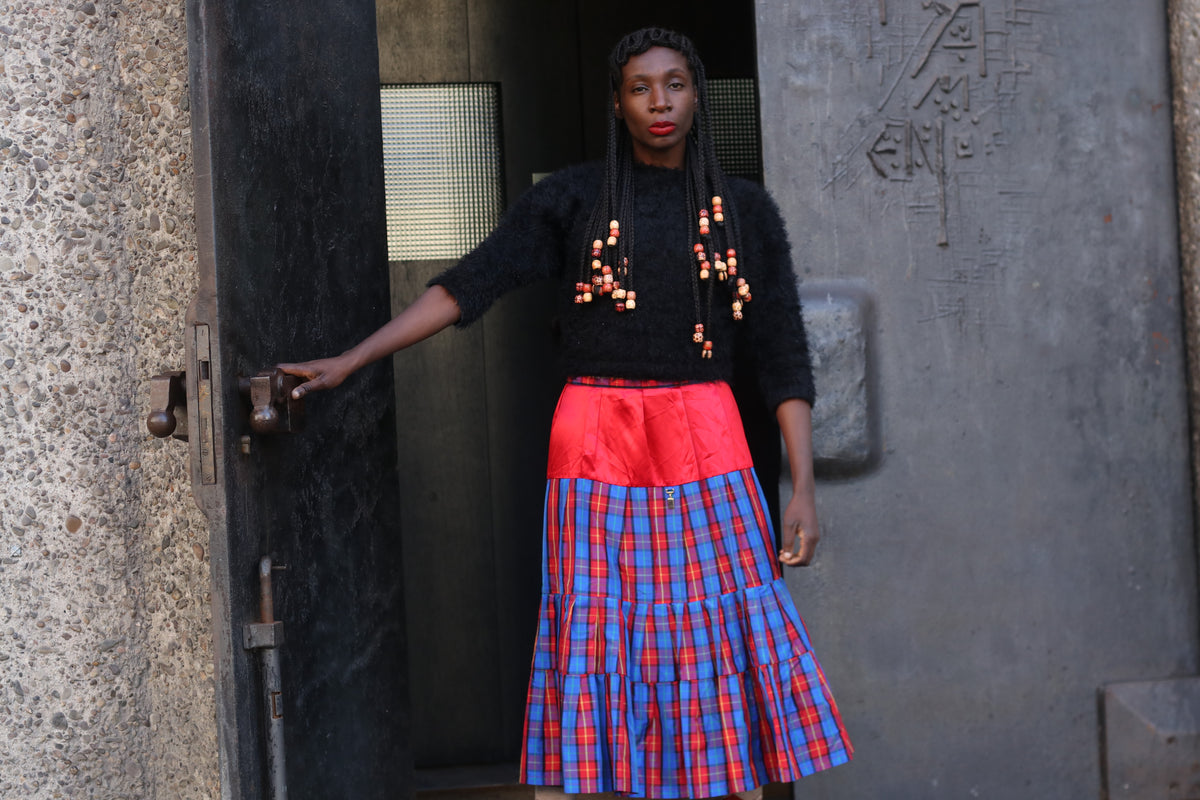 Vintage Tartan Midi Skirt 80s plaid tiered red blue fits L