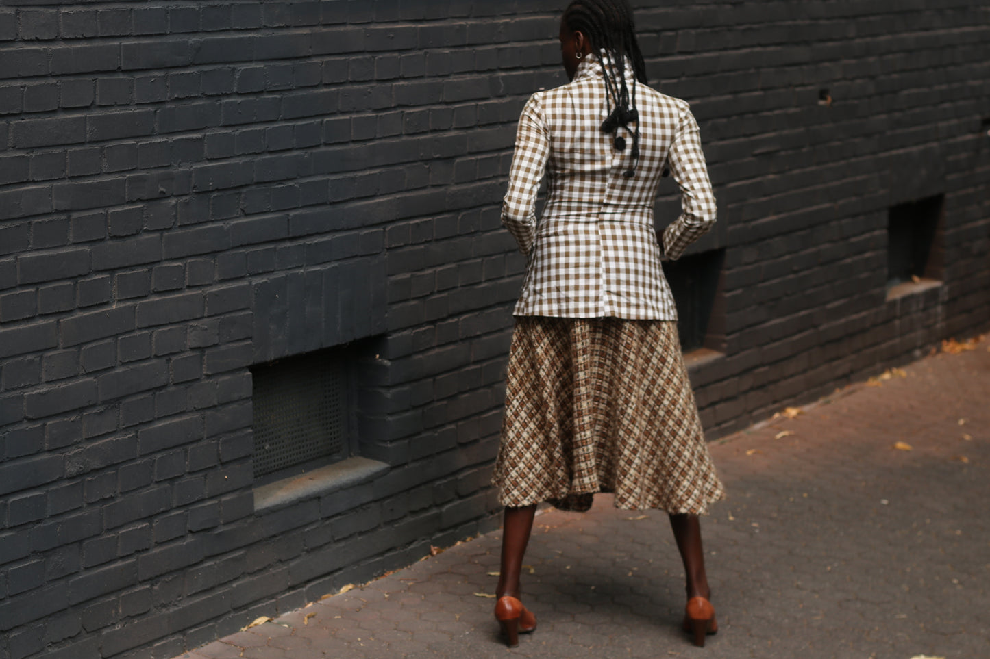 Gingham Blazer Jacket | Vintage French Brown White | Fits XS S