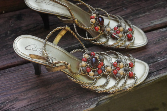 Arturo Chiang Vintage Y2K Gold Leather Beaded Heeled Sandals - Size US 7.5