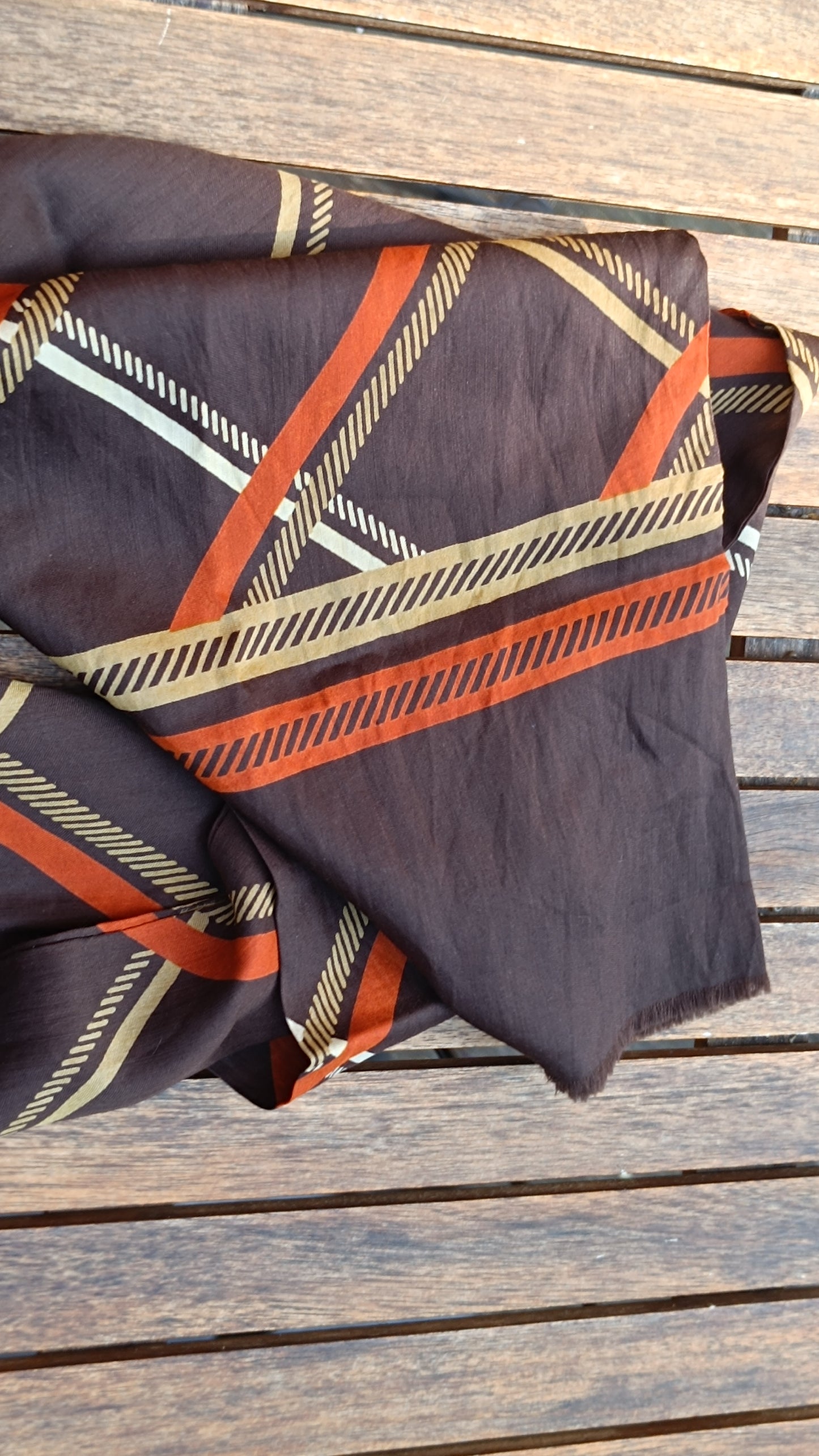 Pelo Vintage 70s Wool Silk Geometric Scarf - Brown Orange Plaid Wrap
