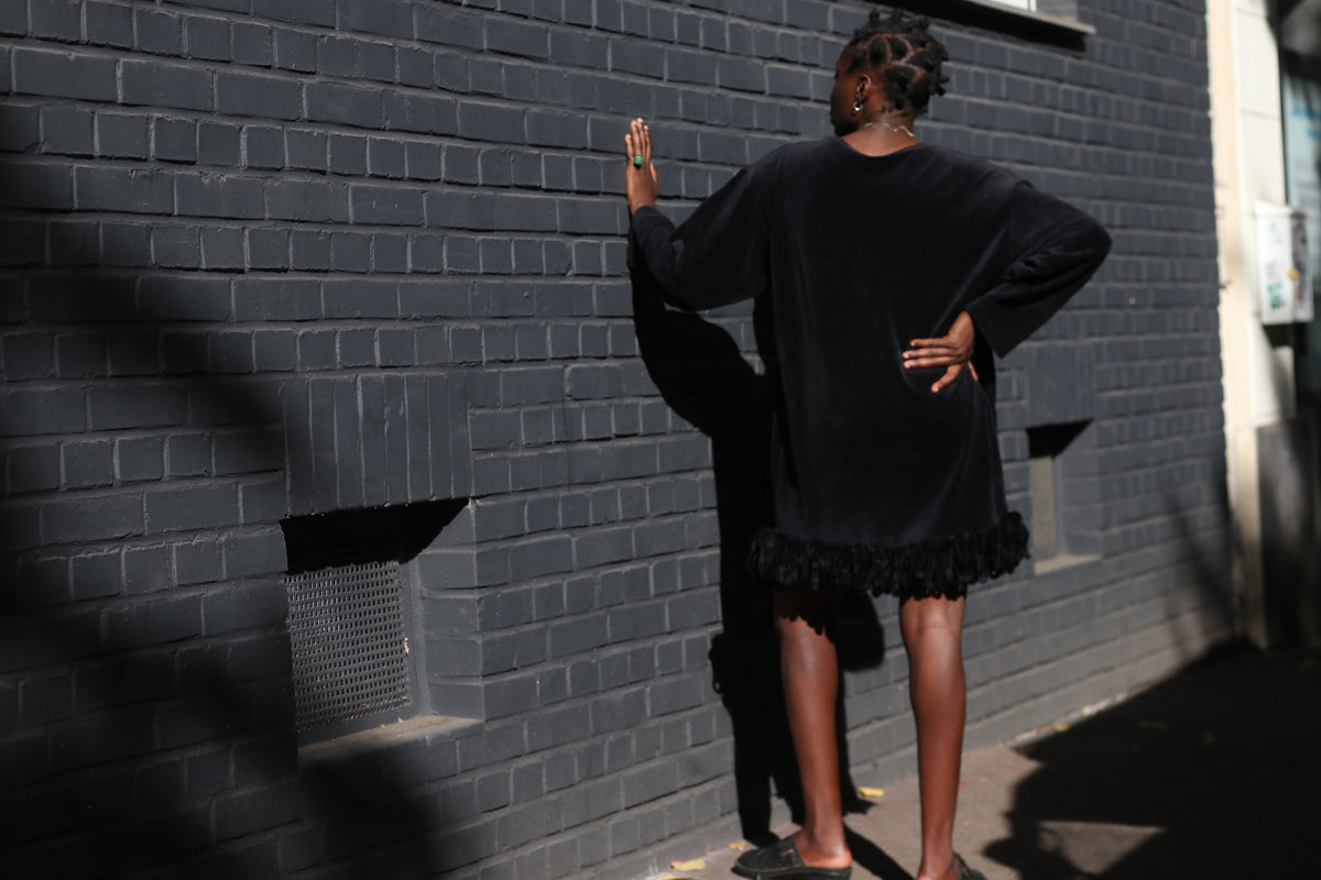 Vintage Velvet Tunic Dress - 90s Black Sequin Fish Mini Dress - L
