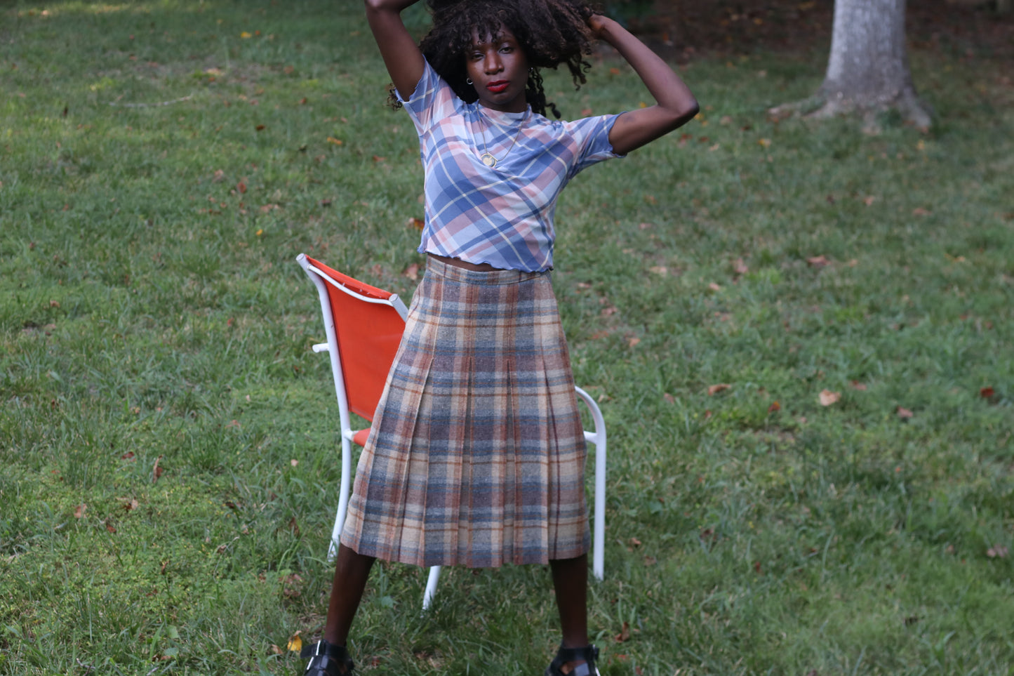 Vintage Russ Togs 70s Plaid Pleated Midi Skirt