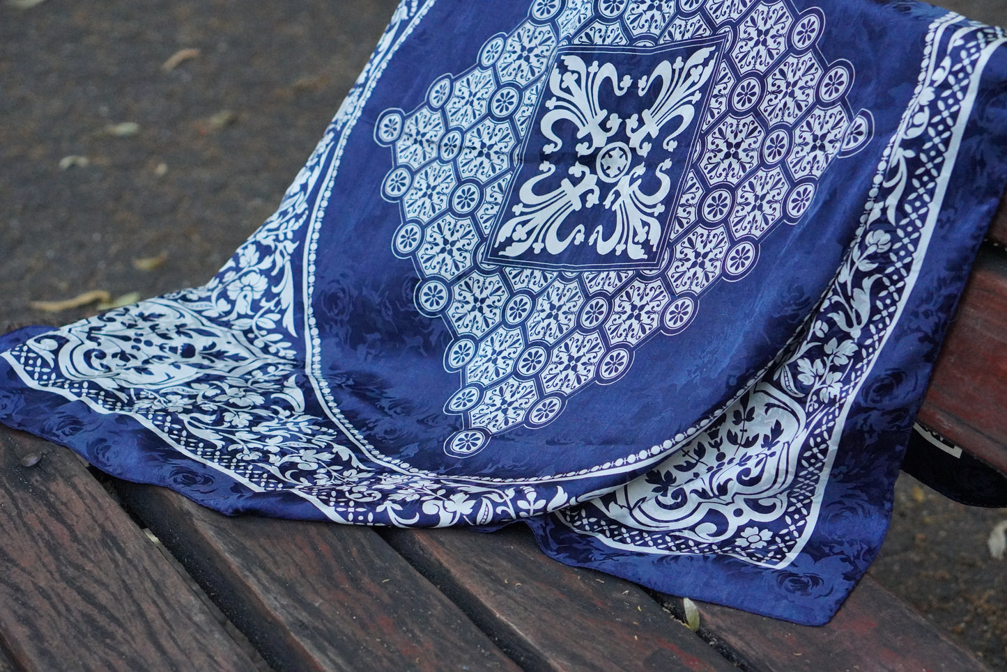 Vintage Italy Silk Scarf Blue White Baroque Medallion Head Neck Square Wrap Bandana