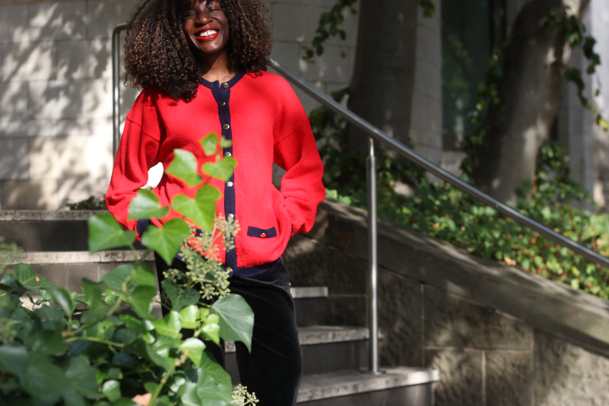 Wool Cardigan Vintage 80s Red Navy | Mackinnon Scotland Knit Sweater | L