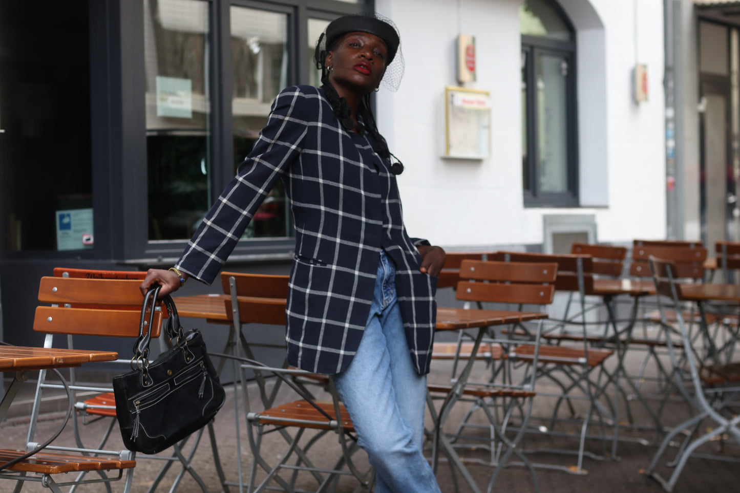 Vintage 80s Navy Plaid Blazer | Oversized Boxy Windowpane Jacket